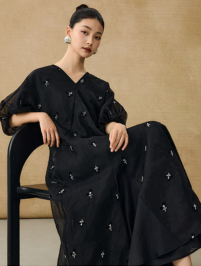 HECO  New Chinese Embroidered V-Neck Puff Sleeve Dress - CORAINE.