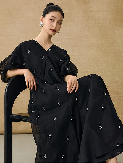 HECO  New Chinese Embroidered V-Neck Puff Sleeve Dress - CORAINE.