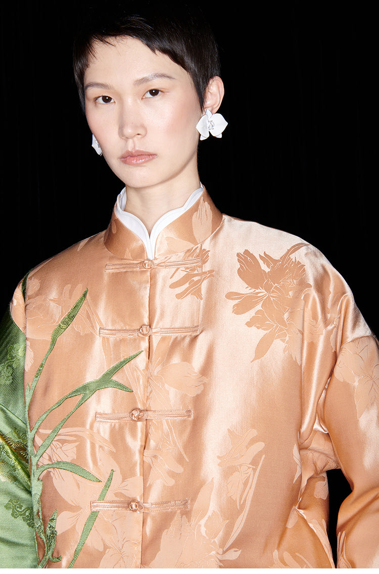 M essential Mackay designer iris jacquard orchid collage coat Pant set - kyle.