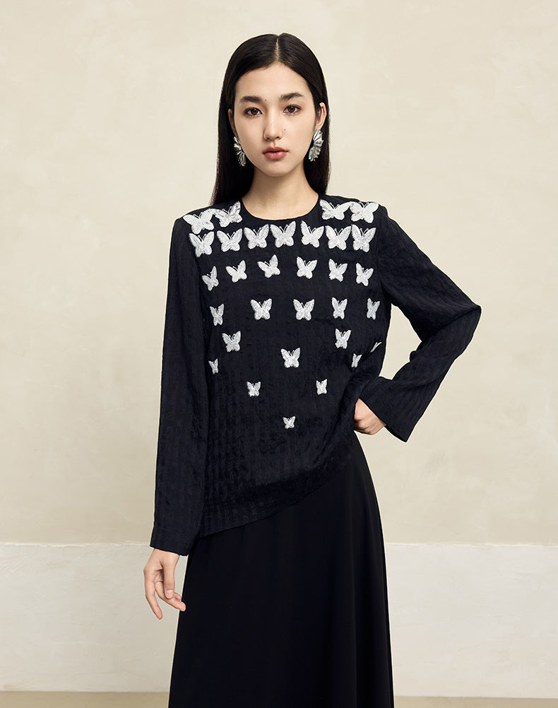HECO butterfly beads embroidered round neck long sleeve top Women - CROWN.