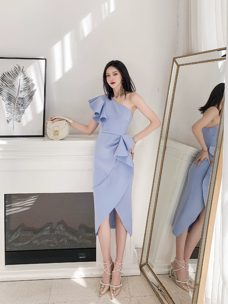 DOLLY Elegant Stylish Ruffle Off Shoulder Slim Fit Midi Slit Dinner Dress-LEOLA