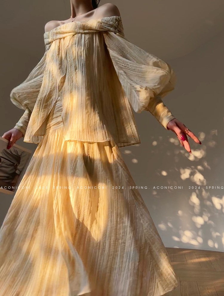 Aconiconi Elegant Wave Pattern Long Sleeve Loose Wedding Guest Dress- Dune