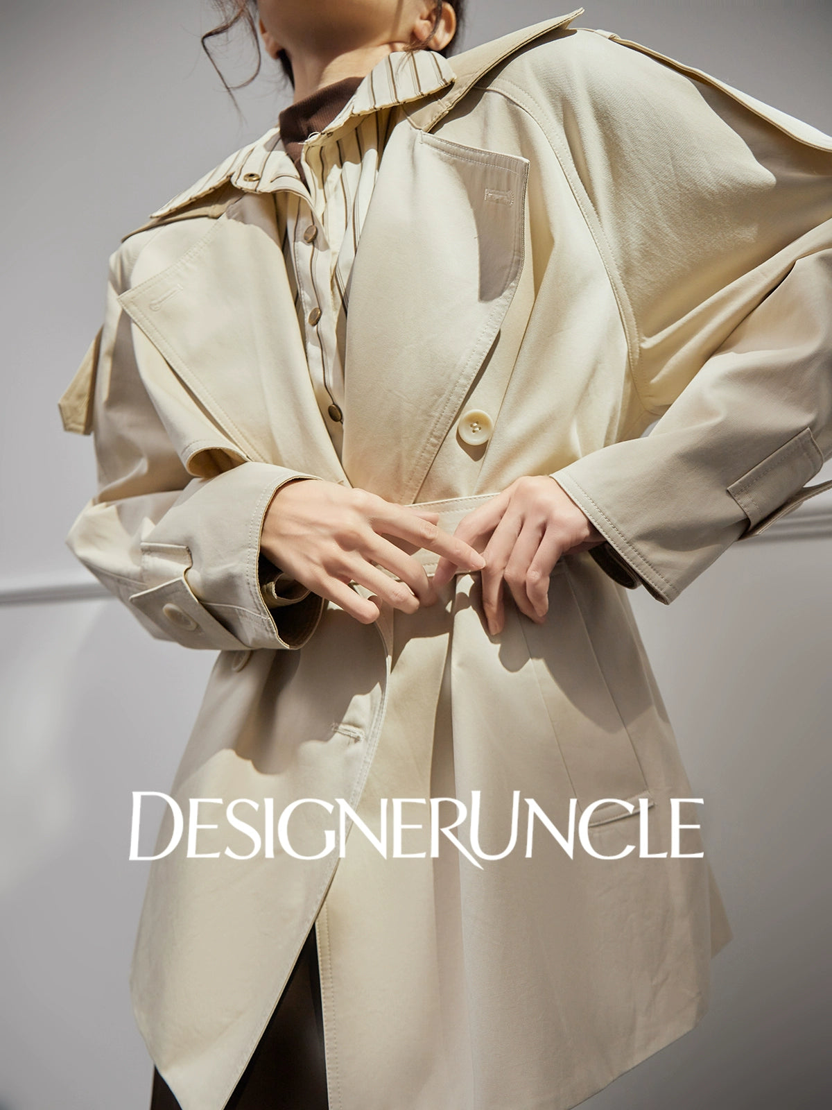 DGU "Curtain Walk" khaki long trench British style waist design jacket - Davina.