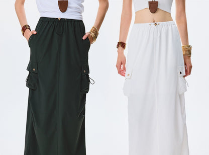 ANNASPEAK CLEANFIT Summer Cool Slit Cargo Long Skirt Drawstring Slim Skirt-OKA.