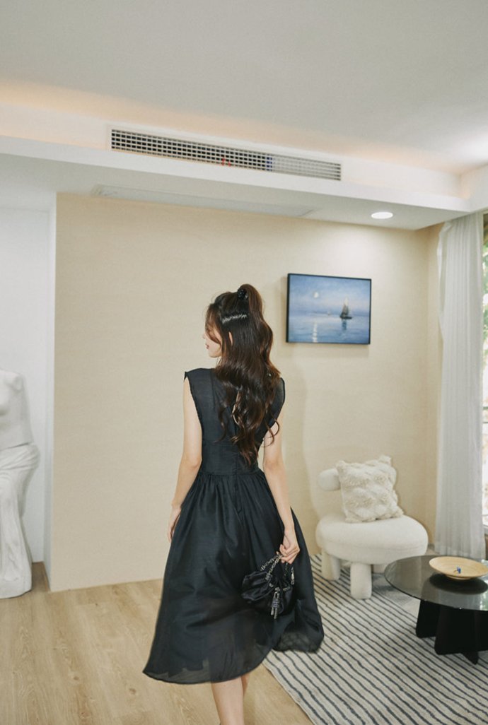 DOLLY High End Black Retro Flying Sleeve Pleated High Waist Midi Office Dress-BRANCA