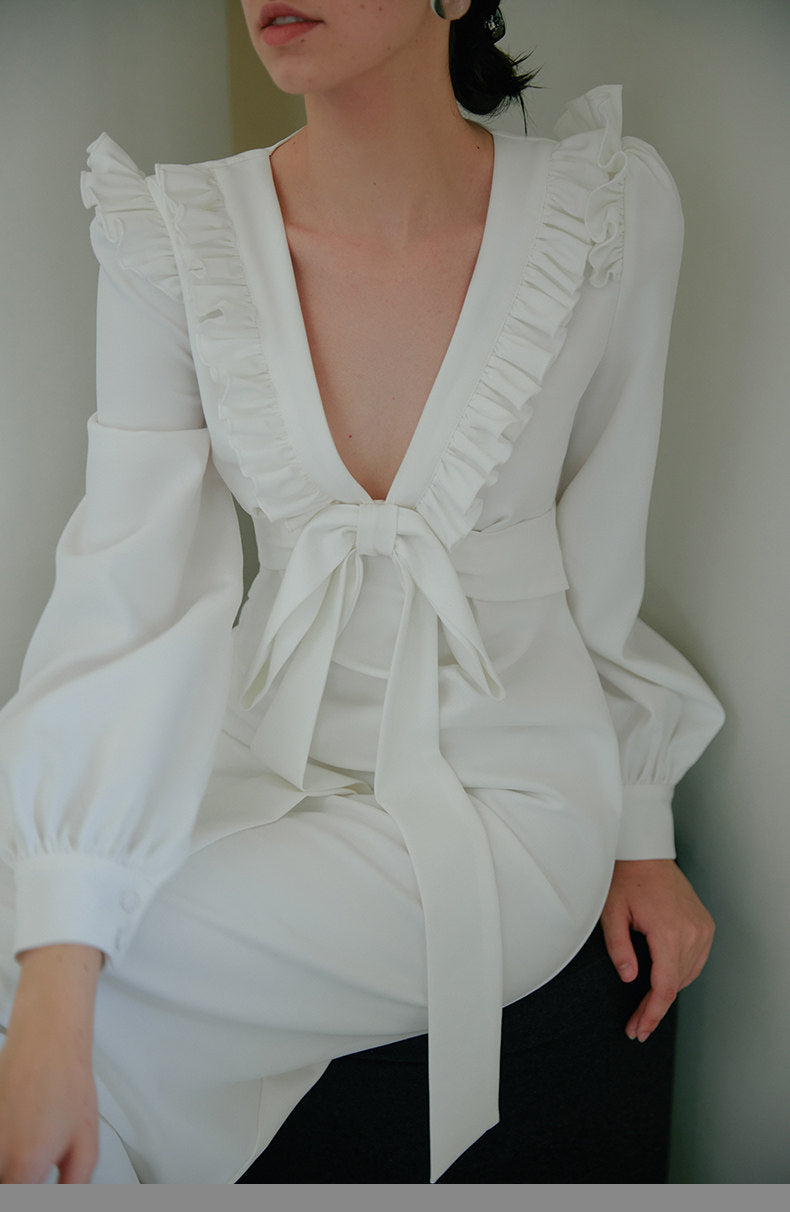 GOUDIN Small white long sleeves party evening dresses-MIA.