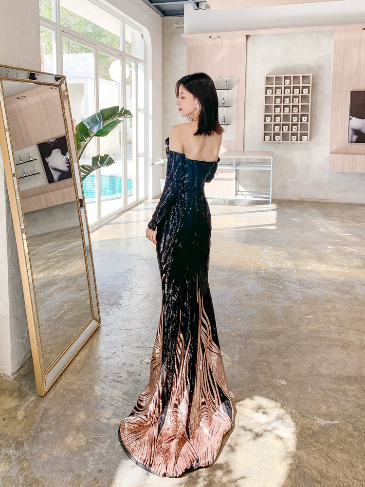 DOLLY High End Black Gold Chest Wrap Long Sleeve Off Shoulder Long Banquet Dress-KANTE