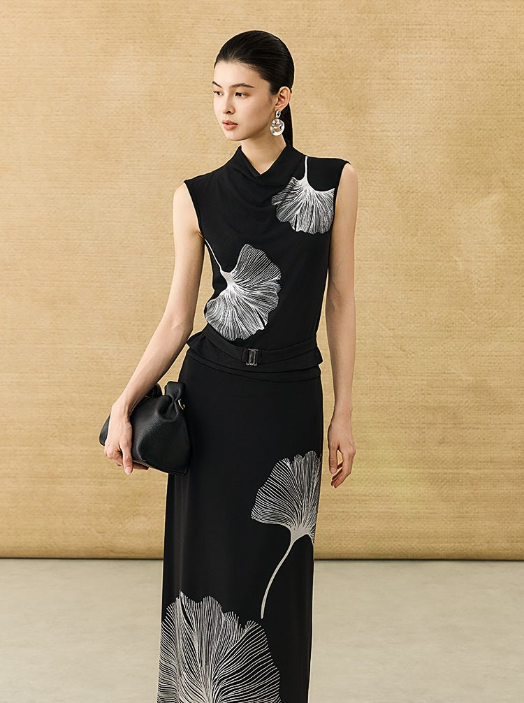 HECO Chinese Style Elegant Swing Neck Sleeveless Ginkgo Biloba Print T-Shirt - BOBA.