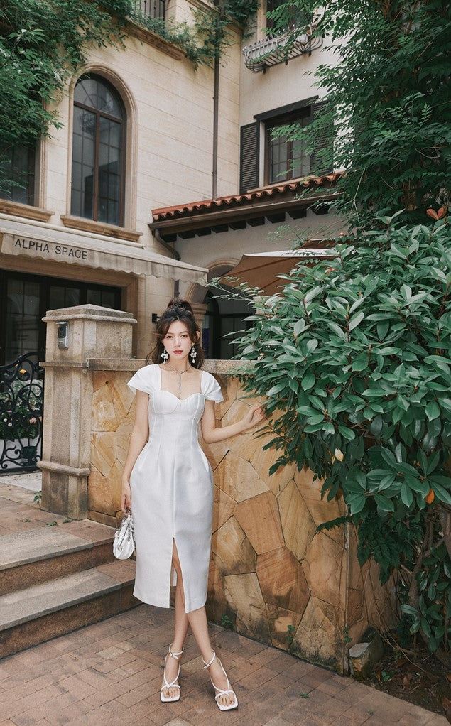 DOLLY Luxury French Style Square Collar Short Puff Sleeves Flower Bud Midi Dress-SARAH