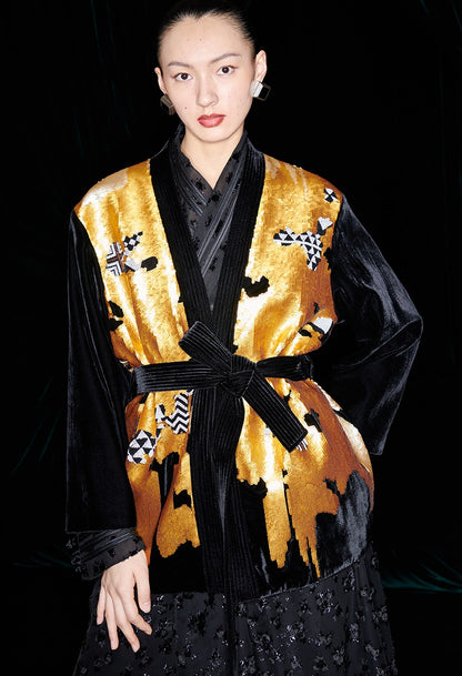 M essential Mackay designer non-jerked velvet tribal totem beaded coat - shut.