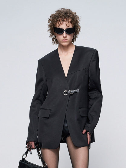 ANNAKIKI designer black acetate collarless split V-neck blazer-PEARL