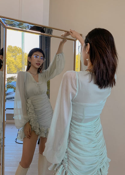 D0LLY Luxury French Style V-Neck Long Puff Sleeve Chiffon Pleated Ruffle Dress-VERA