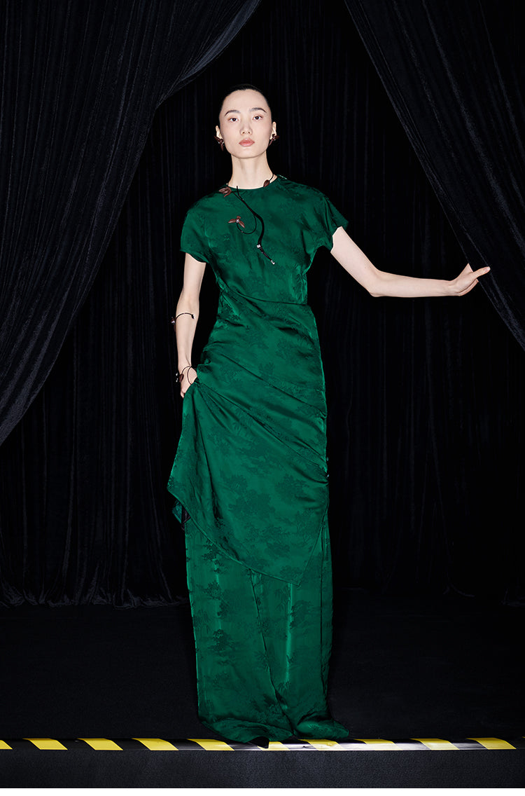 M essential Mackay designer emerald green Jacquard asymmetric top pants set - yellow.