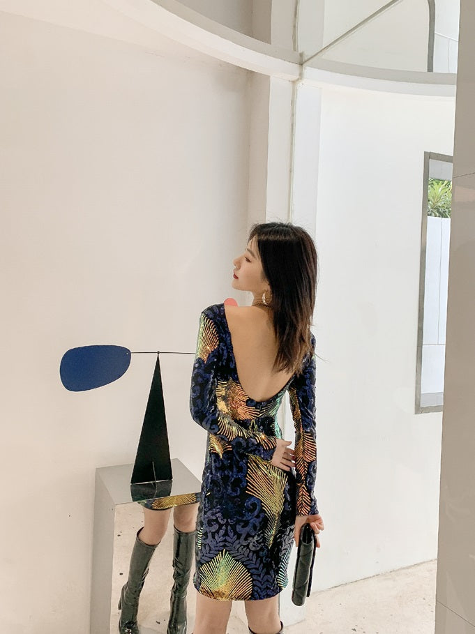 DOLLY Elegant Crew Neck Long Sleeve Slim Fit Short Sequin Party Dress-CONNIE