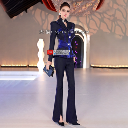 VJE  Denim Suit Single-Breasted Suit Micro Flared Pants Two-Piece Set - GOYA.