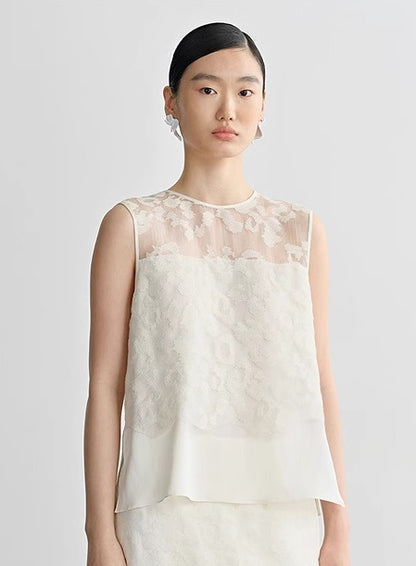 COMME MOI Silk Embroidered Top Sleeveless white Shirt - SIMON.