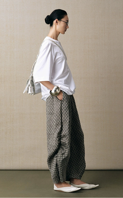 ZHUCHONGYUN linen checkerboard jacket with shirred baggy slacks outfit set-ZIRA.