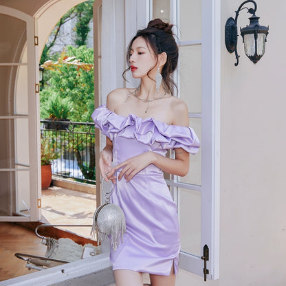 DOLLY Elegant Satin Ruffled Off Shoulder Tube Top Sim Fit Date Dress-AINSELY