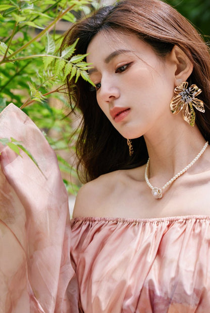 DOLLY Luxury Retro French Style Long Sleeve Top+ Retro Print Midi Slit Skirt-BIANCA