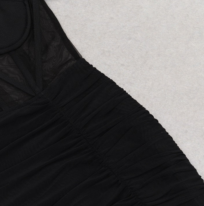 DOLLY Elegant Black Off Shoulder Short Sleeve Hollow Waist Mesh Long Dress-ALETTE