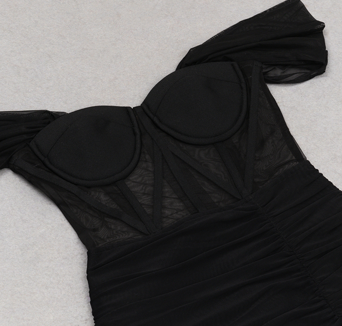 DOLLY Elegant Black Off Shoulder Short Sleeve Hollow Waist Mesh Long Dress-ALETTE