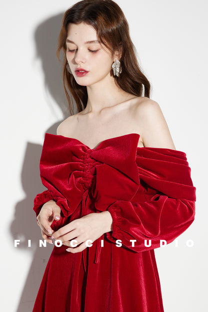 Red Velvet large Bow Off Shoulder Short holiday party Dress - Macy