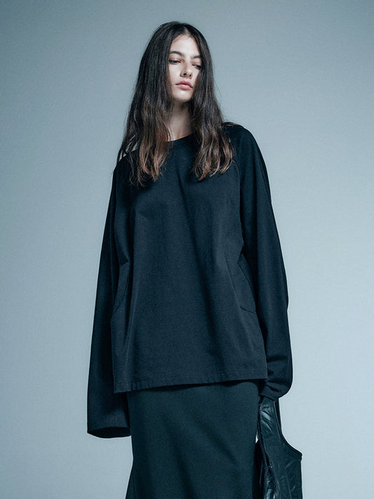 ANNAKIKI Black Structure Stitched Loose Long Sleeve Top-MUNI