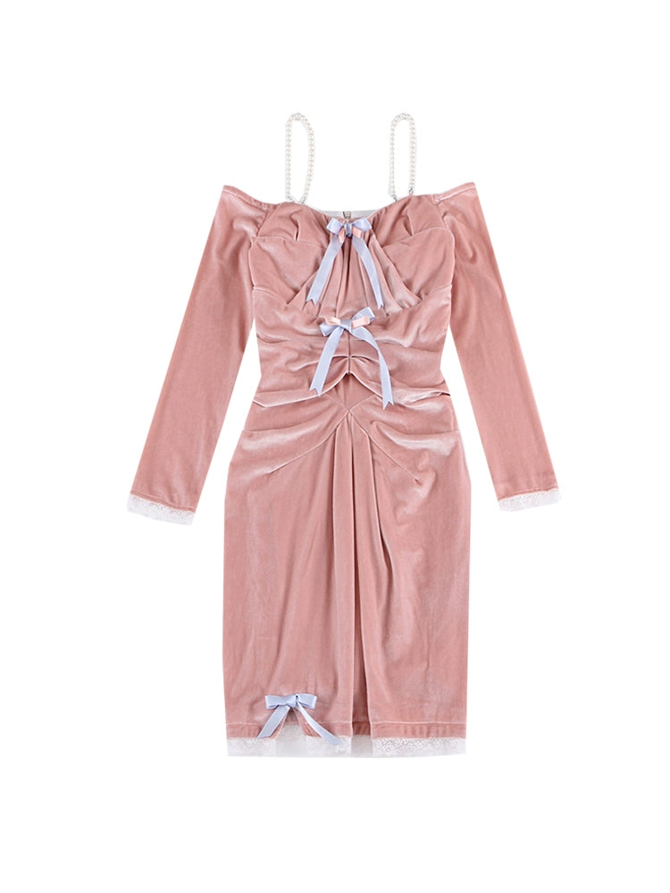 Le Palais Vintage Original Autumn  Pink Velvet Strapless Midi Cocktail Dress-Vera