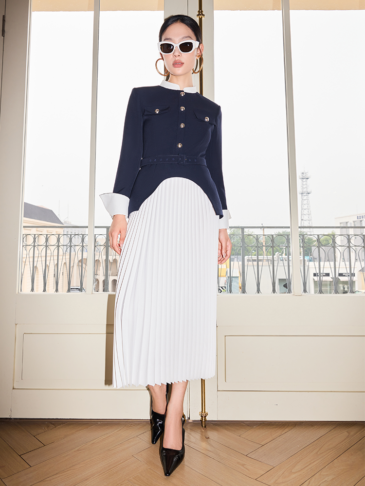 YES BY YESIR  irregular swing spliced pleated midi dress - LEVI.