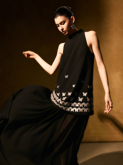 HECO Chinese butterfly sequin fake two-piece dress - CROWN.