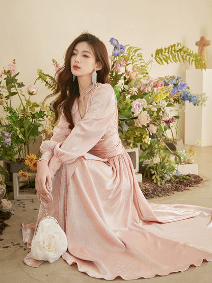 DOLLY Elegant Peach V-Neck Long Puff Sleeve High Waist Long Flowing Guest Dress-BESTY