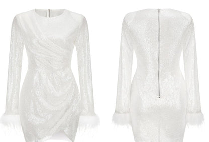 DOLLY Elegant White Crew Neck Long Sleeve Short Sequin Sexy Birthday Dress-LAYLA