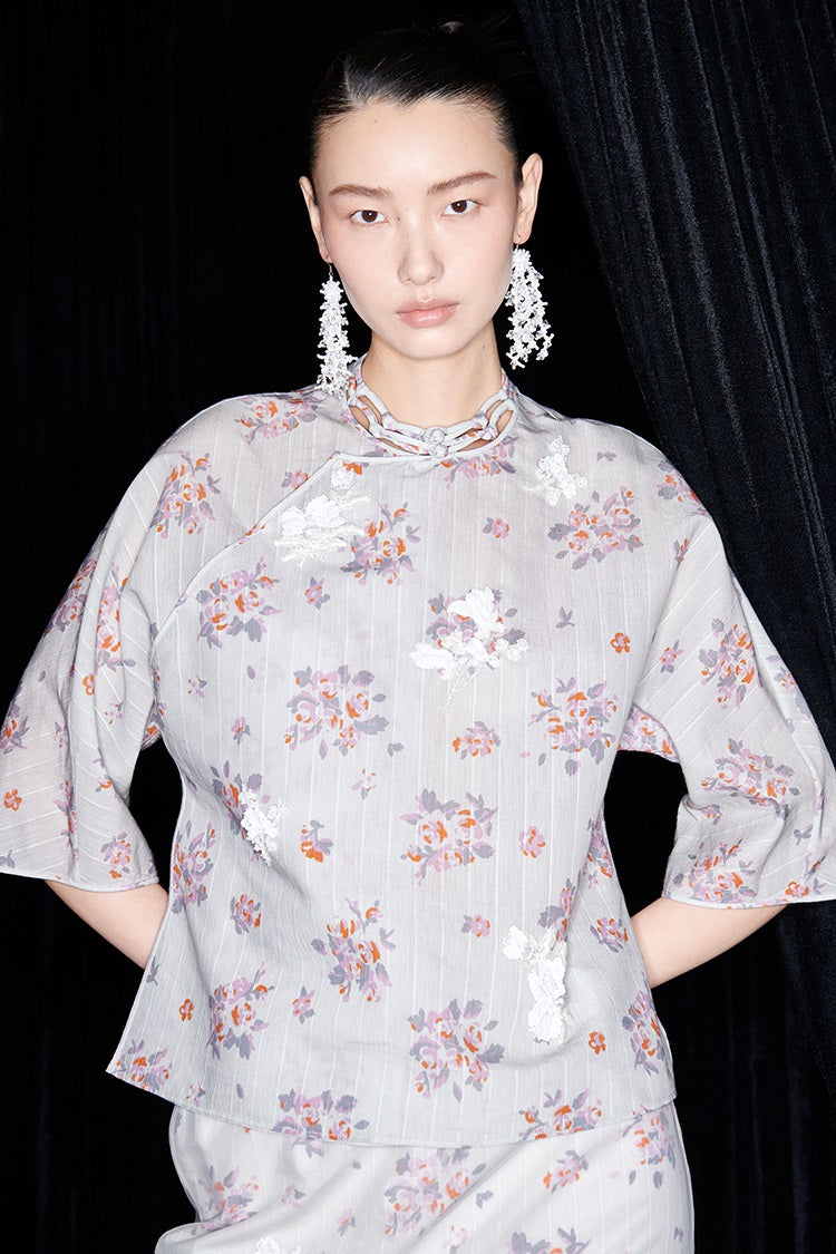 M essential Ma Kay designer Jinghe printed fabric floral nail beads top - JULY.