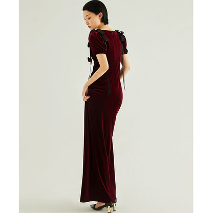 GOUDIN female burgundy velvet long high-end banquet evening dress-LIAM.