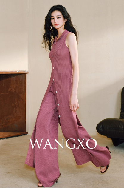 WANGXO Solaris Luxe Set Shaved Shoulder Cardigan & Wide-Leg Knit Pants - MAVIS
