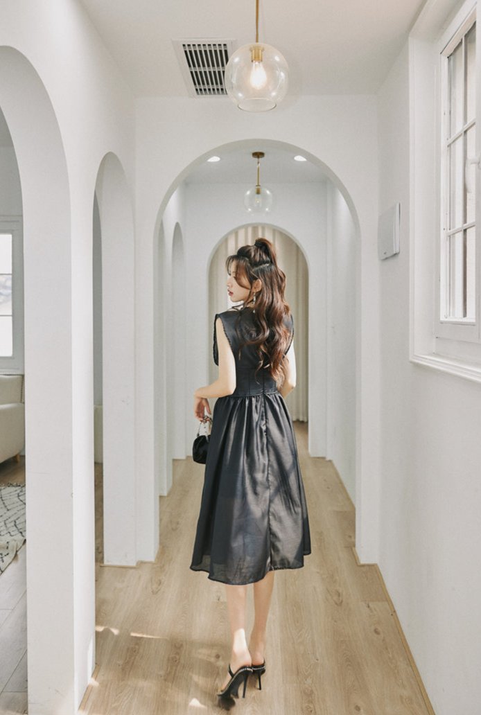 DOLLY High End Black Retro Flying Sleeve Pleated High Waist Midi Office Dress-BRANCA