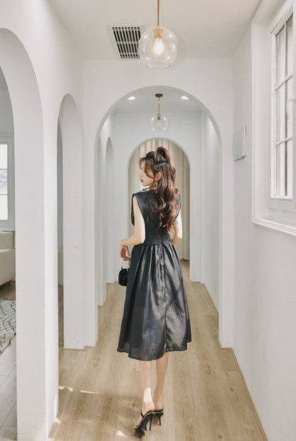 DOLLY High End Black Retro Flying Sleeve Pleated High Waist Midi Office Dress-BRANCA