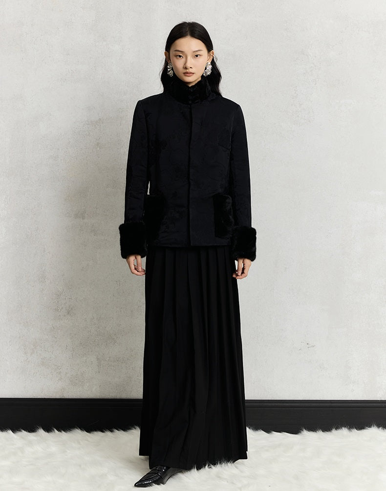 HECO 100% viscose High Neck Fur Collar red black Cotton Suit Women - entity.