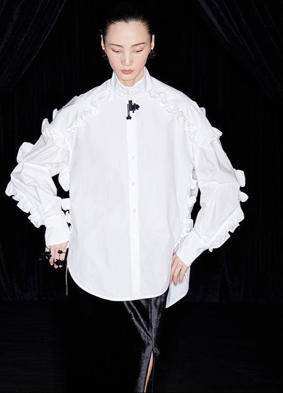 M essential Mackay designer white cotton three-dimensional ruffle trim shirt -  Tori.