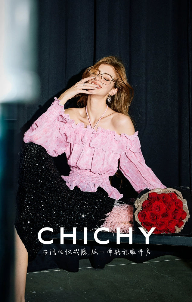 CHICHY French beautiful one-line collar long sleeve super fairy floral shirt-KIM