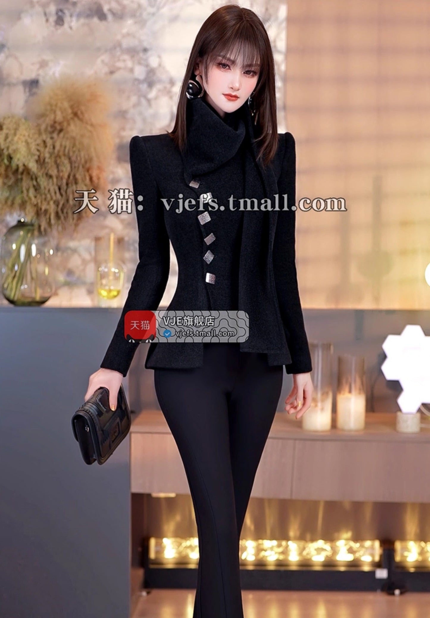 VJE Short Black High Neck Wide Shoulder Jacket - MILA.