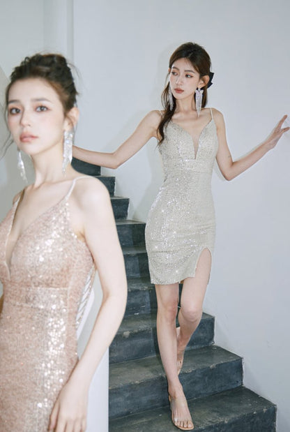 DOLLY Elegant Deep V-Neck Sleeveless Sequin Long Slim Fit Evening Dress-IVONNE