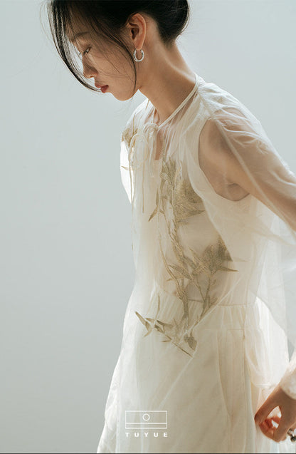 TUYUE Bamboo Leaf Embroidered Mesh Lace-up Top - SKYLA.
