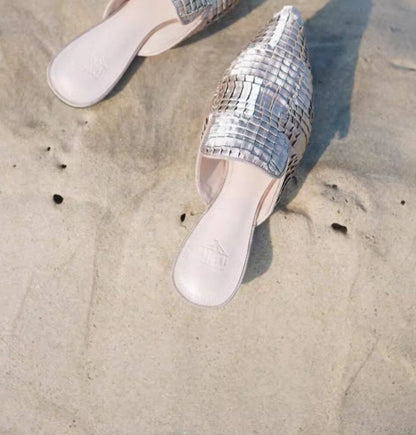 B-FEI Woven fabric pointed toe flat mules- POMI.