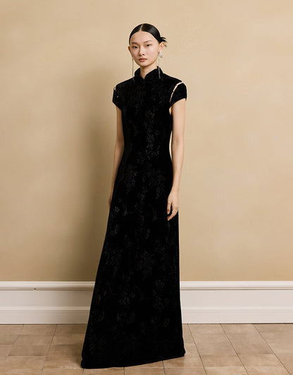 HECO Velvet Embossed Red Black Long Dress Women's- EXPECT.