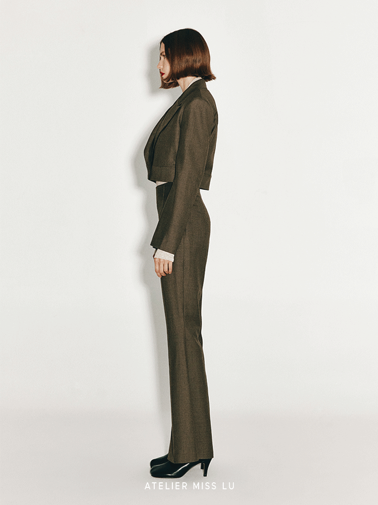 ATELIER MISS LU Button-down Hem Straight Wool Cropped Suit - JECOR.