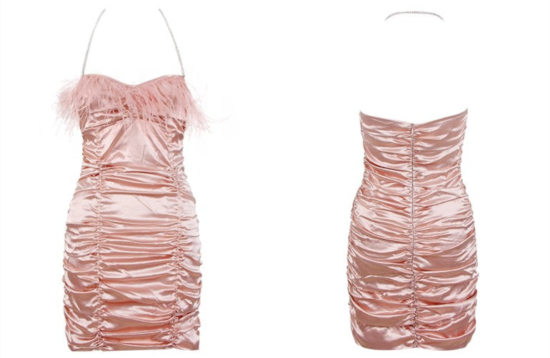 DOLLY Pink Sleeveless Diamond Chain Pleated Suspender Short Feather Dress-ZIXUAN