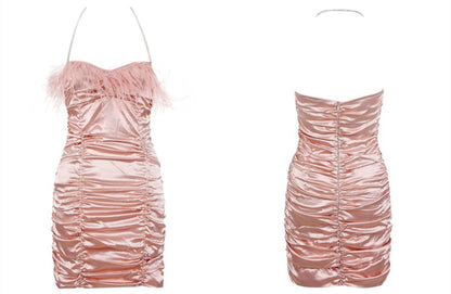 DOLLY Pink Sleeveless Diamond Chain Pleated Suspender Short Feather Dress-ZIXUAN