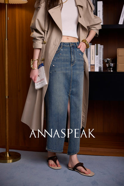 ANNASPEAK Denim long staple cotton slit skirt denim skirt-ISLE.