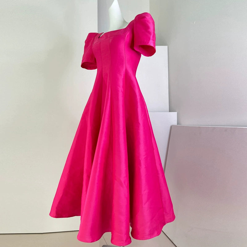 DOLLY Elegant Retro Square Neck Short Puff Sleeve Satin Long A-Line Dress-BAMBI